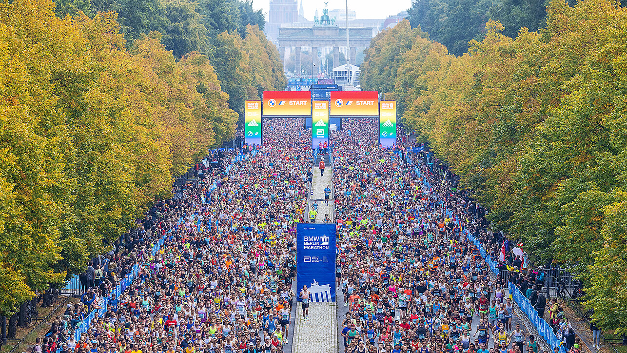 The start of the BMW BERLIN-MARATHON in front of the Brandenburg Gate. The start of the BMW BERLIN-MARATHON with the start gate in rainbow colours and the Brandenburg Gate in the background. ©Norbert Wilhelmi / SCC EVENTS