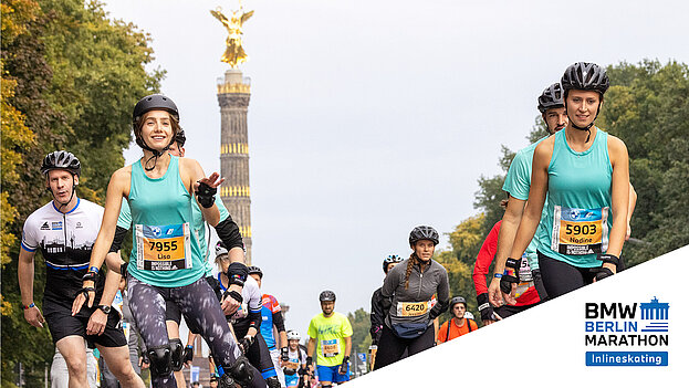 Skaters on the course of the BMW Berlin Marathon with the Victory Column in the background © SCC