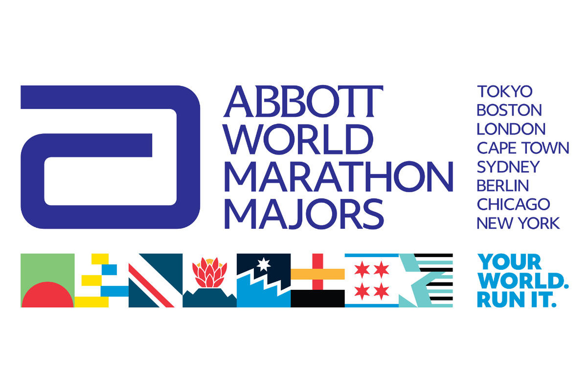 Erweitertes Logo der Abbott WMM mit den Namen der acht teilnehmenden Städte, den Flaggen der Marathons und der Schrift: "Your World. Run it."