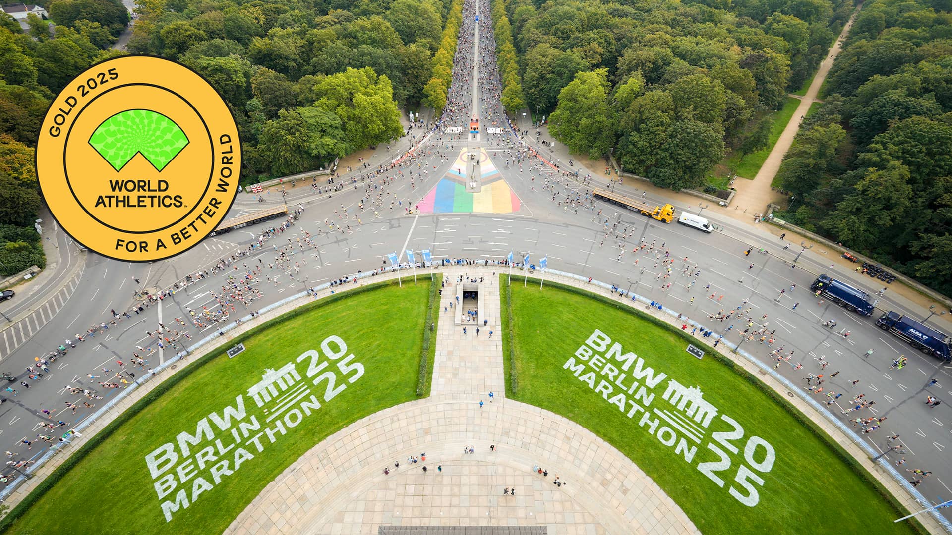 ‘Athletics For a Better World’ Gold Seal over a photo of the marathon start, taken from the Victory Column.